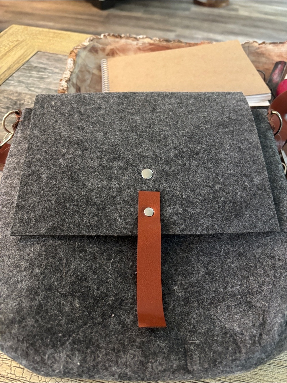Men's Gray Felt Messenger Bag with Brown Leather Accent